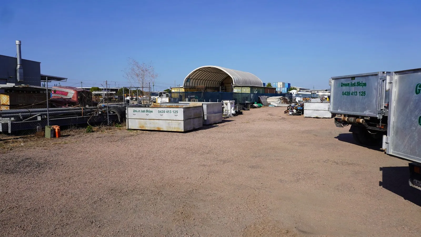 Skip bins ready for hire at the Green Ant Skips depot