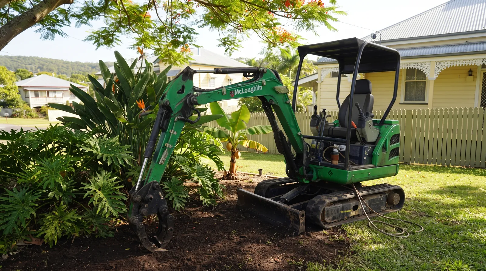 Green Ant Skips mini excavator working in a leafy Townsville garden