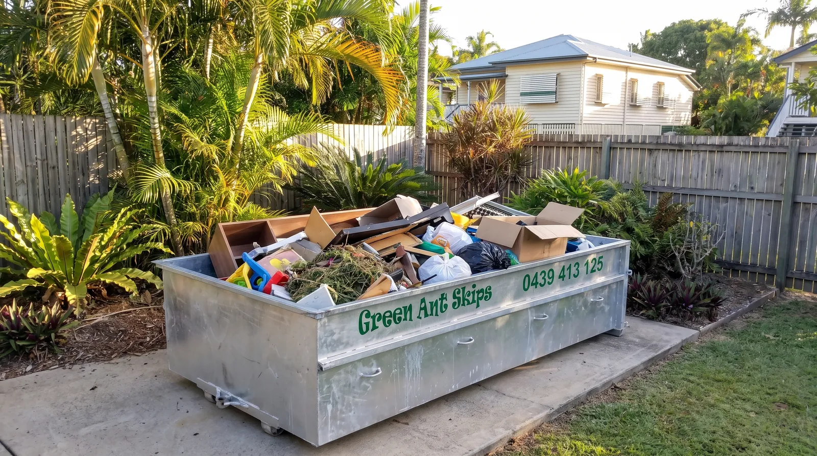 General waste skip bins Townsville — a Green Ant Skips bin loaded with mixed household rubbish on a driveway