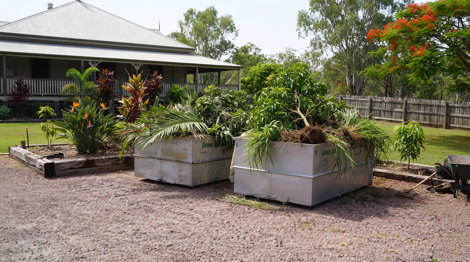 Green waste skip bins Townsville — two Green Ant Skips bins loaded with palm fronds and garden trimmings