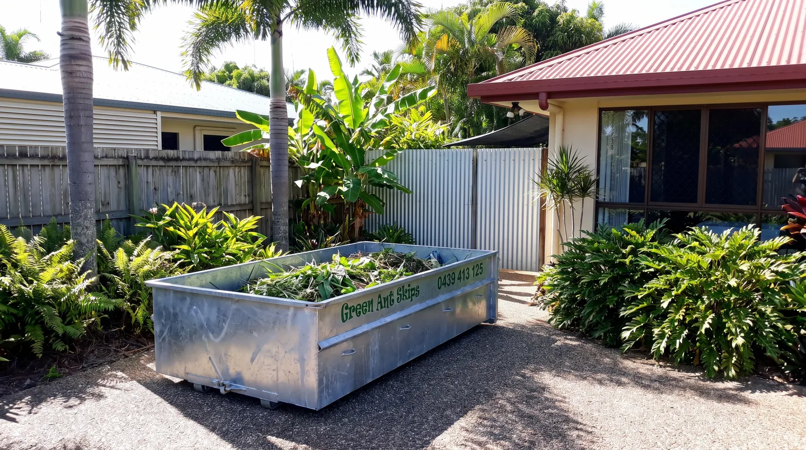 Green Ant Skips skip bin loaded with garden green waste on a Townsville driveway